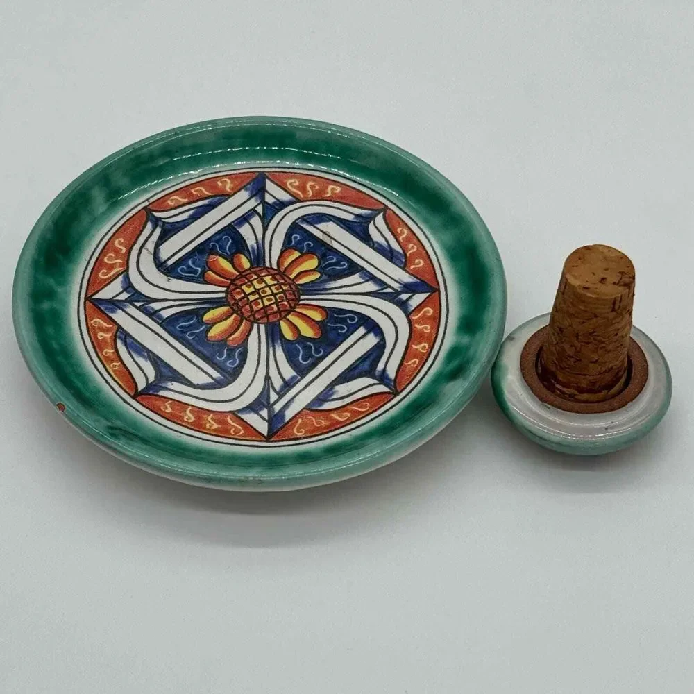 Vietri Wine‎ Plate & Bottle Stopper Set Green Blue Italy Pottery Hostess Gift
